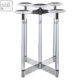 Modern lucita silver candelabra with six circular tiers and sleek cylindrical legs in bright silver finish stainless steel