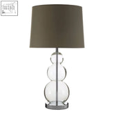 Luke grey fabric shade table lamp with clear glass stacked spheres and matte olive green fabric shade