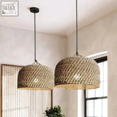 Two woven rattan pendant lights in natural beige with intricate patterns perfect for cozy luna light decor