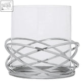 Clear glass candle holder with a sleek interwoven metallic base and silver finish twist large silver design