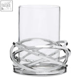 Clear glass candle holder with a sleek interwoven twist small silver finish metal base for elegant decor