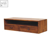 Warm-toned chestnut finish media unit with two compact drawers and central open shelf wall-mounted lunar 2-drawer chest