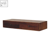 Dark brown wooden lunar wall-mounted chestnut finish shelf with two drawers and black round knobs with concealed mounting