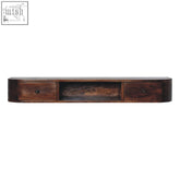 Dark brown solid mango wood lunar 2-drawer wall mounted console chest with open shelf and drawers