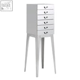 Silver mirrored jewelry armoire with lure stainless steel drawers and tapered legs for stylish storage