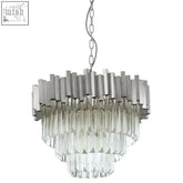 Small silver finish chandelier with tiered cascading cylindrical clear glass elements in silver finish