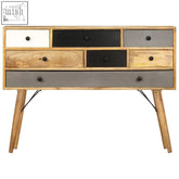 Modern mango wood sideboard with patchwork drawers in white black and gray featuring sleek black knobs