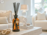 Amber fie luxury xxl room diffuser in amber glass with black reeds and sleek minimalist design for home fragrance