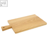 Light-colored lyna large oak wood paddle chopping and serving board with smooth natural grain and small handle
