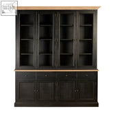 Black oak wood large cabinet with glass-paneled upper doors and light oak wood trim for stylish storage
