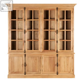 Lyon natural oak wood large cabinet with light oak wood, glass-paneled doors, solid lower cabinets, and dark metal hardware