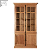 Lyon natural oak wood tall cabinet with light oak finish glass-paneled upper doors and wood tall lower doors