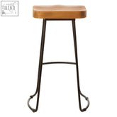 Rustic lyon oak wood bar stool with a black metal frame and curved legs for stylish wood bar seating