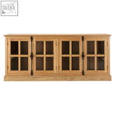 Lyon oak wood sideboard in light oak with four glass doors and black metal handles featuring a washed grey finish
