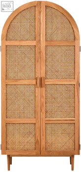 Arched lyon rattan door wardrobe with oak wood frame and woven cane panels in natural wood finish