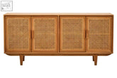 This light brown lyon rattan and oak wood door sideboard features four cane-paneled doors and tapered legs