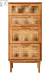 Tall light wood oak wood chest with four drawers and tapered legs perfect for stylish storage