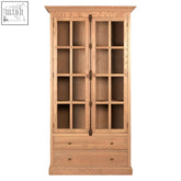 Tall cabinet in washed grey finish oak wood with glass doors and three bottom drawers for stylish storage