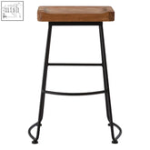 Wooden bar stool with lyon weathered oak wood seat and black iron legs in rustic industrial design