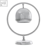 Chrome finished macon circle table lamp with spherical bell shade and open ring frame base with perforated diffuser