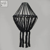 Black macrame large drop chandelier with geometric lantern design and tasseled fringe for stylish lighting decor