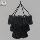 Black macrame soft chandelier with three tiers of cascading tassels and twisted rope suspension hanging ceiling light