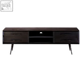 Dark wood madsen media unit with pine wood drawers and black iron legs for stylish living room storage