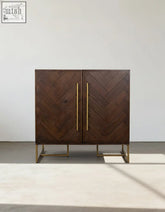 Mahajan solid wood wine sideboard in dark wood with herringbone pattern gold-tone handles and built-in wine rack for wine bottles