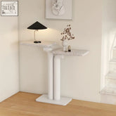 Modern white mai side table with speckled stone top and sleek minimalist legs perfect for stylish living spaces