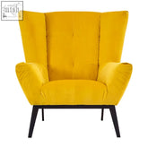 Vibrant maiko yellow fabric armchair with soft velvet upholstery and sleek black tapered legs for stylish seating