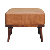 Artisan Furniture Solid Mango Wood Tan Buffalo Leather Tan Footstool