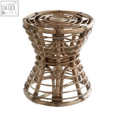 Maka grey natural rattan stool with natural-toned rattan woven spiral top and tapered cylindrical body side table