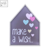 Purple house-shaped led light box with white trim pastel hearts and make a wish script for cozy wall decor