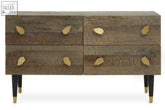 A rustic four drawer dresser in recycled elm wood with cracked finish and gold leaf shaped handles