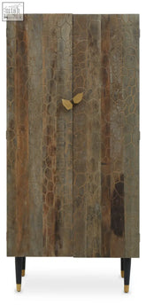 A rustic recycled elm wood tall cabinet with cracked finish and gold-toned butterfly handles perfect for storage