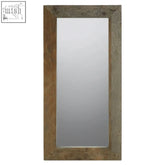 Rustic rectangular malay elm wood wall mirror with a weathered brown recycled elm wood frame and crackle detailing