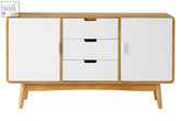 Modern white and oak wood malmo sideboard with three center drawers and retro storage cabinet doors