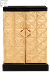 Malta bar unit with gold-toned geometric patterned cabinet and black top and base perfect for stylish storage