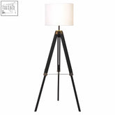 Black malvern tripod floor lamp with white cylindrical shade and sleek black base for modern lighting