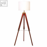 Malvern tripod floor lamp with warm wooden frame and soft white linen shade perfect for cozy lighting