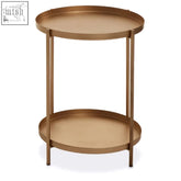 Mandoli gold side table with slim metal bands gold finish two-tier circular shelves and slender legs