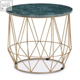 Mandoli green side table with gold frame featuring a round green marble top and geometric wireframe base