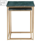 Set of two mandoli nest green marble side tables with dark green marble tops and interconnected gold metal frames