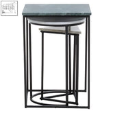 Mandoli nest of 3 marble tables with dark green tops and black iron bases perfect as stacked nesting tables