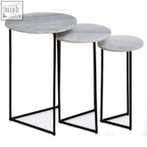 Set of three mandoli nest side tables with round white marble tops and black iron bases in gray tone