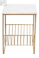 Mandoli white marble rack side table with gold metal frame and white marble top perfect as a marble rack