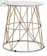 Mandoli white marble round side table with gold-toned geometric wireframe and white marble round top