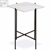Mandoli white marble side table with white marble top and black iron frame featuring cross-bracing legs
