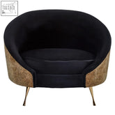 Manhattan black velvet and leopard print cocoon chair with gold textured side panels and sleek metallic legs