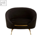 Manhattan black velvet cocoon chair with gold-tone metal legs and horizontal gold accent strip in velvet cocoon style